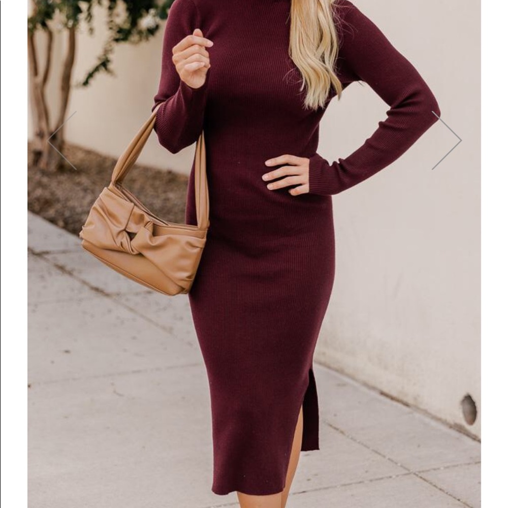 Pink Lily Mock Neck Wine Ribbed Midi Dress